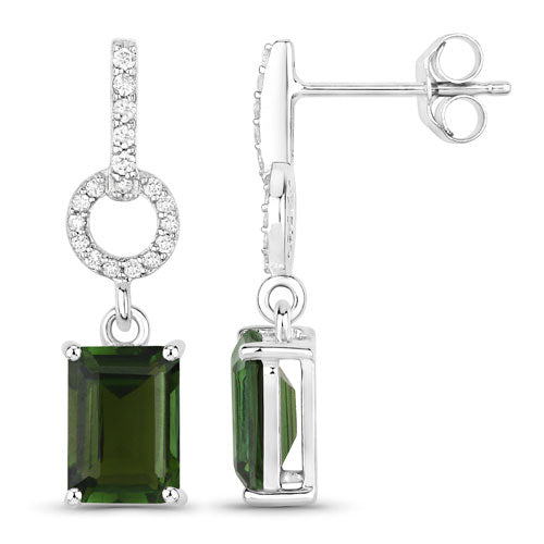 Pendientes de Oro Blanco de 14K con Turmalina Verde Genuina de 2.28 Quilates y Diamantes Blancos