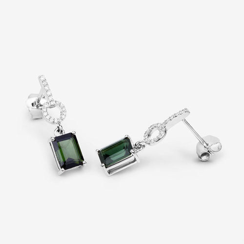 Pendientes de Oro Blanco de 14K con Turmalina Verde Genuina de 2.28 Quilates y Diamantes Blancos