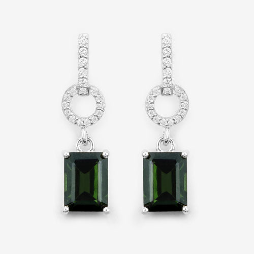 Pendientes de Oro Blanco de 14K con Turmalina Verde Genuina de 2.28 Quilates y Diamantes Blancos