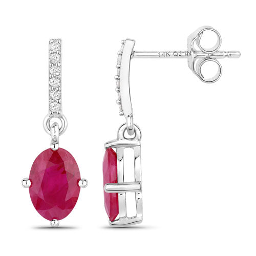 Pendientes de oro blanco de 14 quilates con rubí genuino de 1,75 quilates y diamantes blancos