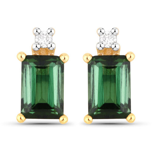 Pendientes de oro amarillo de 14 quilates con turmalina verde genuina de 1,24 quilates y diamantes blancos