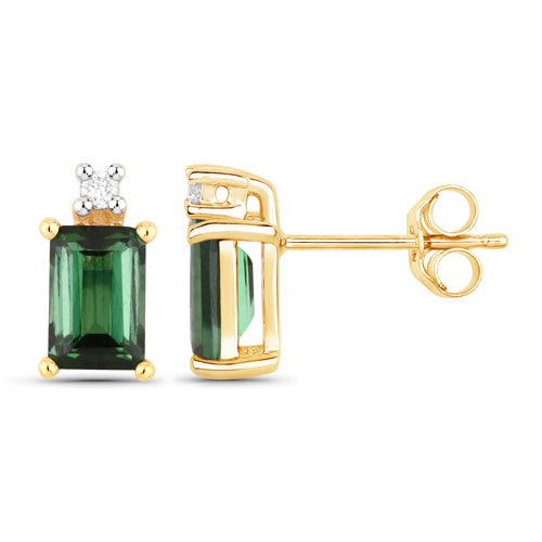 Pendientes de oro amarillo de 14 quilates con turmalina verde genuina de 1,24 quilates y diamantes blancos