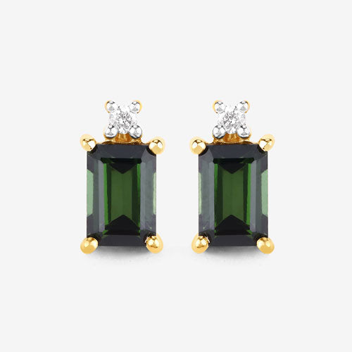 Pendientes de oro amarillo de 14 quilates con turmalina verde genuina de 1,24 quilates y diamantes blancos