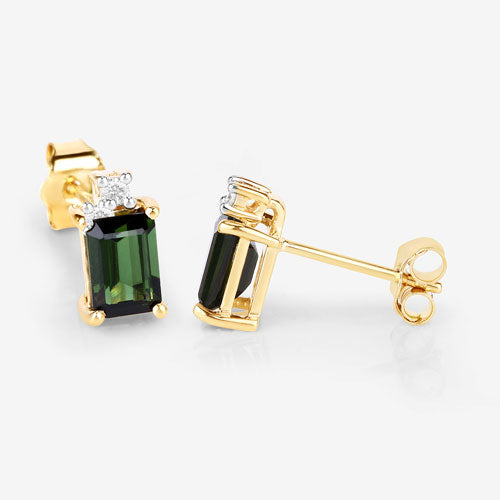Pendientes de oro amarillo de 14 quilates con turmalina verde genuina de 1,24 quilates y diamantes blancos