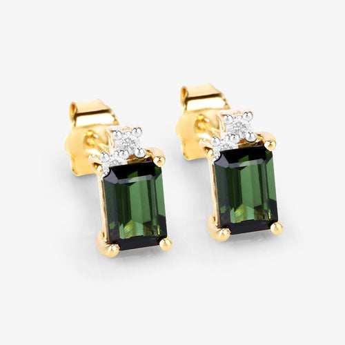 Pendientes de oro amarillo de 14 quilates con turmalina verde genuina de 1,24 quilates y diamantes blancos