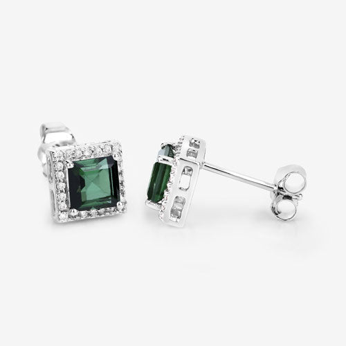Pendientes de oro blanco de 14 quilates con turmalina verde genuina de 1,55 quilates y diamantes blancos