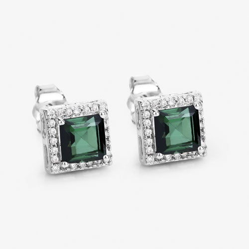 Pendientes de oro blanco de 14 quilates con turmalina verde genuina de 1,55 quilates y diamantes blancos