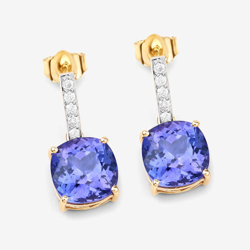 Pendientes de 14 quilates de oro amarillo con tanzanita genuina de 5.64 quilates y diamantes blancos