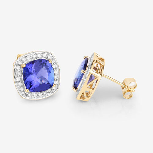 5.98 Carat Genuine Tanzanite and White Diamond 14K Yellow Gold Earrings