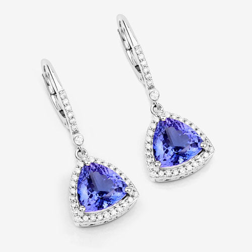 Pendientes de oro blanco de 14K con tanzanita genuina de 4,61 quilates y diamantes blancos
