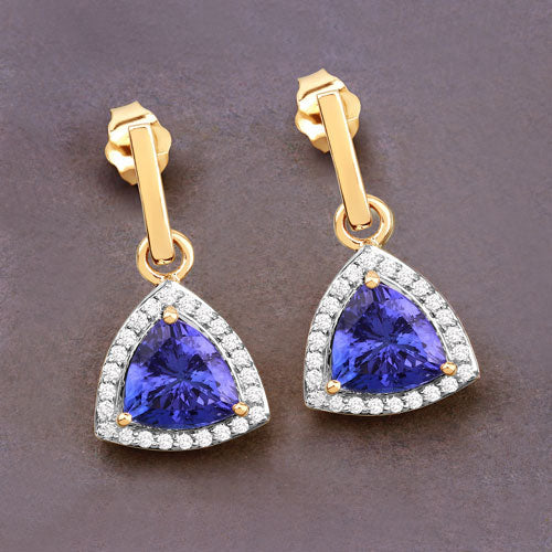 Pendientes de oro amarillo de 14 quilates con tanzanita genuina de 3,86 quilates y diamantes blancos