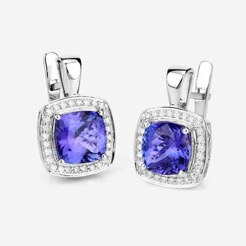 Pendientes de tanzanita auténtica de 5,95 quilates y diamantes blancos en oro blanco de 14 quilates