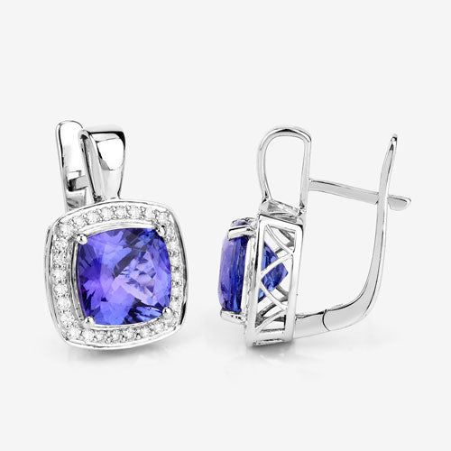 Pendientes de tanzanita auténtica de 5,95 quilates y diamantes blancos en oro blanco de 14 quilates