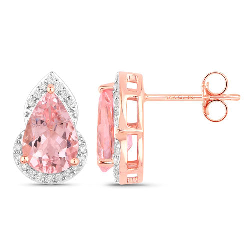 Pendientes de oro rosa de 14 quilates con morganita auténtica de 2,37 quilates y diamantes blancos
