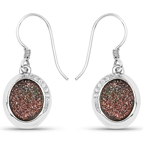 Серьги из серебра 925 пробы с натуральным медным друзовым кварцем «Copper Bloom» (4,72 карата) и белым топазом