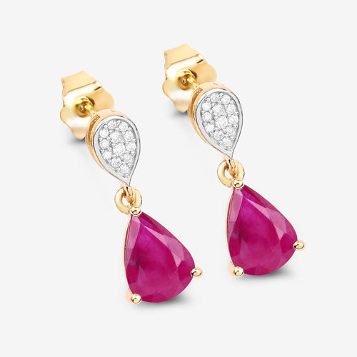 Pendientes de Oro Amarillo de 10K con Rubí Genuino de 2.46 Quilates y Diamantes Blancos