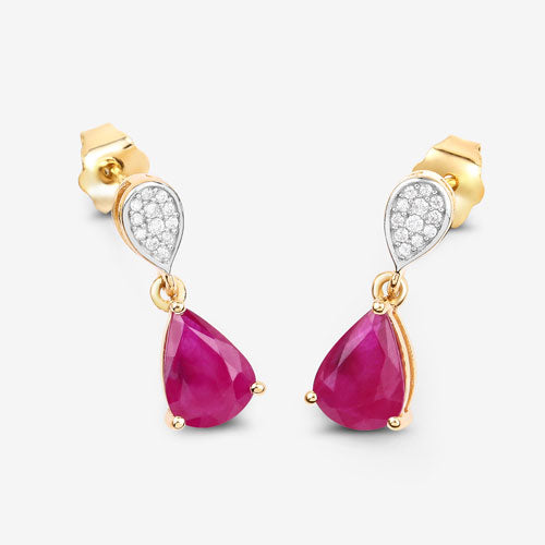Pendientes de Oro Amarillo de 10K con Rubí Genuino de 2.46 Quilates y Diamantes Blancos