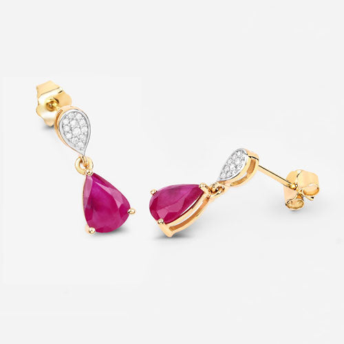 Pendientes de Oro Amarillo de 10K con Rubí Genuino de 2.46 Quilates y Diamantes Blancos