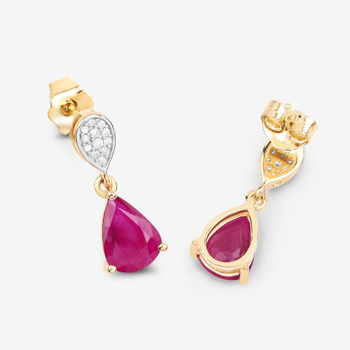 Pendientes de Oro Amarillo de 10K con Rubí Genuino de 2.46 Quilates y Diamantes Blancos