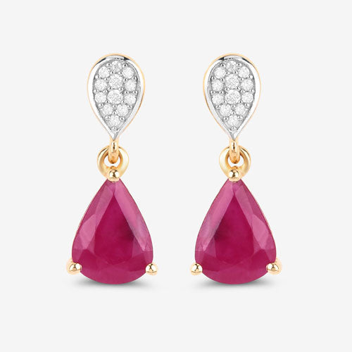 Pendientes de Oro Amarillo de 10K con Rubí Genuino de 2.46 Quilates y Diamantes Blancos