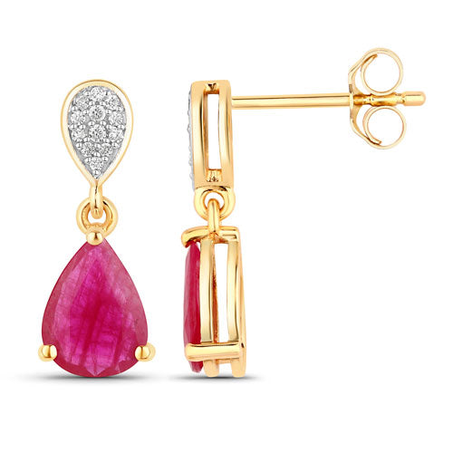 Pendientes de Oro Amarillo de 10K con Rubí Genuino de 2.46 Quilates y Diamantes Blancos
