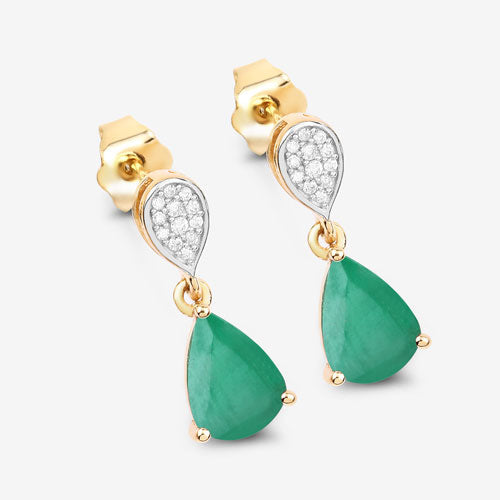 Pendientes de oro amarillo de 10K con esmeralda zambiana auténtica de 2,28 quilates y diamantes blancos