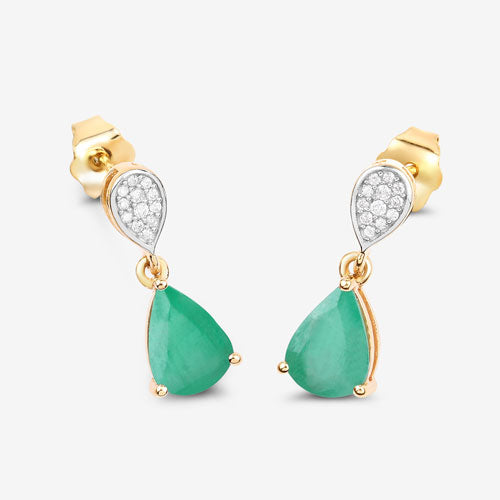 Pendientes de oro amarillo de 10K con esmeralda zambiana auténtica de 2,28 quilates y diamantes blancos