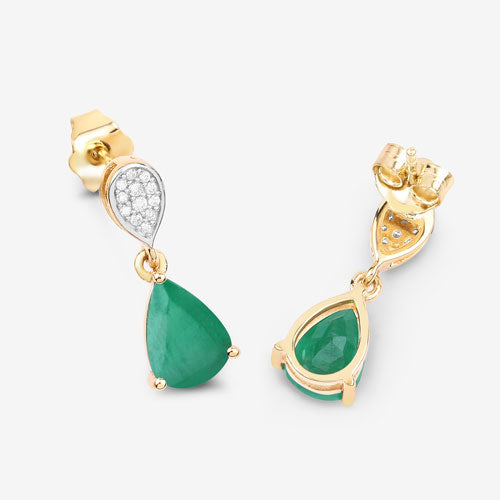 Pendientes de oro amarillo de 10K con esmeralda zambiana auténtica de 2,28 quilates y diamantes blancos