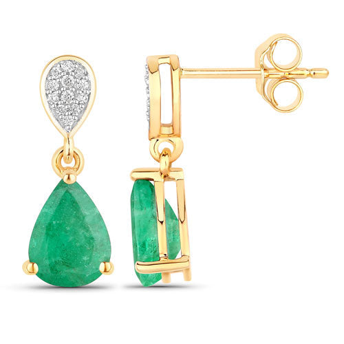 Pendientes de oro amarillo de 10K con esmeralda zambiana auténtica de 2,28 quilates y diamantes blancos