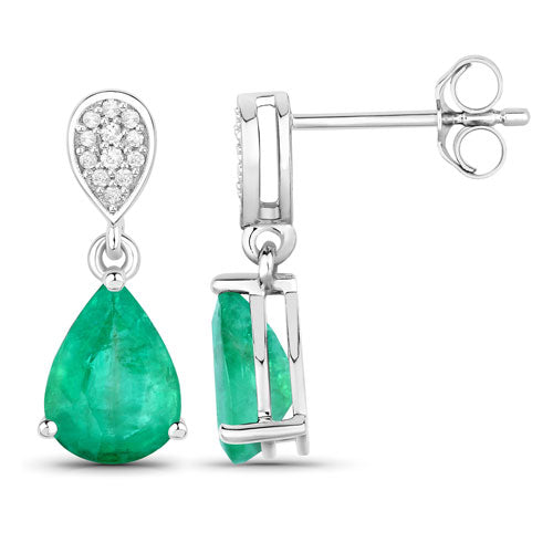 Pendientes de oro blanco de 14 quilates con esmeralda zambiana auténtica de 2,28 quilates y diamantes blancos
