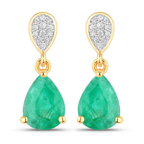 Aretes de oro amarillo de 14 quilates con esmeraldas genuinas de Zambia de 2,28 quilates y diamantes blancos
