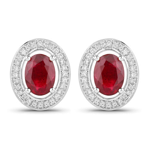 Pendientes de oro blanco de 14 quilates con rubíes auténticos de 2,12 quilates y diamantes blancos