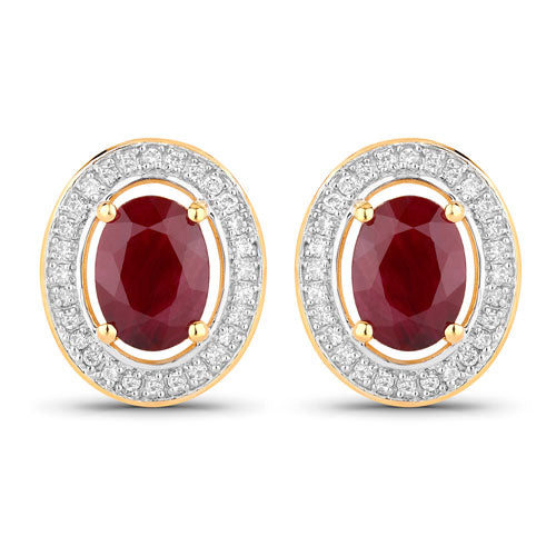 Pendientes de oro amarillo de 14 quilates con rubí genuino de 2,12 quilates y diamantes blancos
