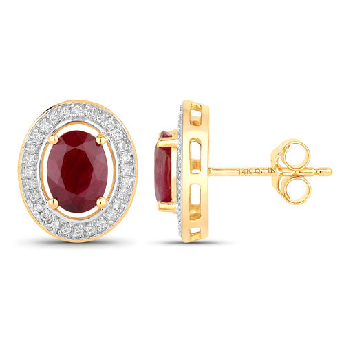 Pendientes de oro amarillo de 14 quilates con rubí genuino de 2,12 quilates y diamantes blancos