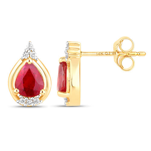Pendientes de oro amarillo de 14 quilates con rubí genuino de 1,36 quilates y diamantes blancos