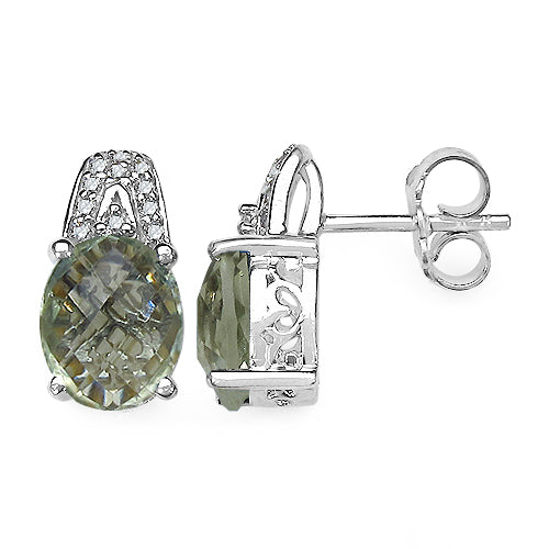 Pendientes de plata de ley con amatista verde auténtica de 5,25 quilates y detalles de diamantes auténticos de 0,15 ct.p.t.