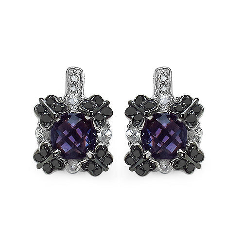 Pendientes de plata de ley .925 con amatista, zafiro blanco y diamante negro auténticos de 2,67 quilates