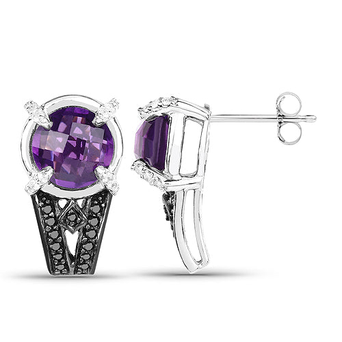 Pendientes de plata de ley .925 con amatista genuina de 3,61 quilates, diamantes negros y diamantes blancos