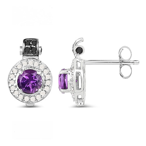 Pendientes de plata de ley .925 con amatista, diamante negro y diamante blanco genuinos de 2,29 quilates
