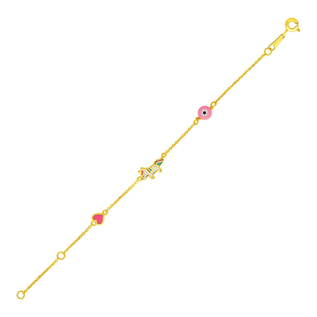 Pulsera para niña de oro amarillo de 14k de 5 1/2 pulgadas con unicornio de corazón esmaltado y círculo