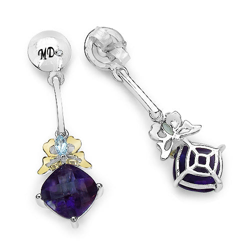 Pendientes de plata de ley .925 con amatista genuina de 3,79 quilates, topacio azul y diamantes blancos