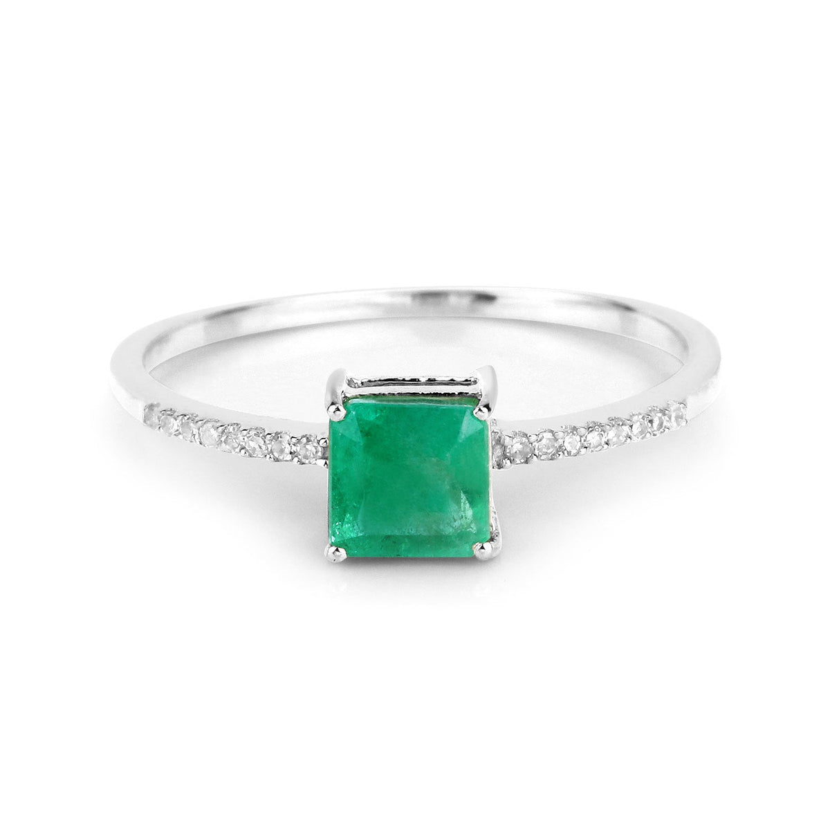 Anillo de oro blanco de 14 quilates con esmeralda zambiana auténtica de 0,64 quilates y diamantes blancos