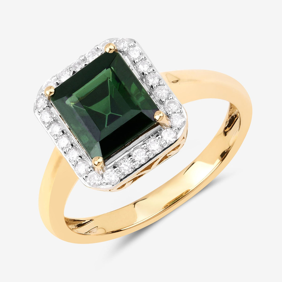 Anillo de oro amarillo de 14K con turmalina verde natural de 3,02 quilates y diamantes blancos