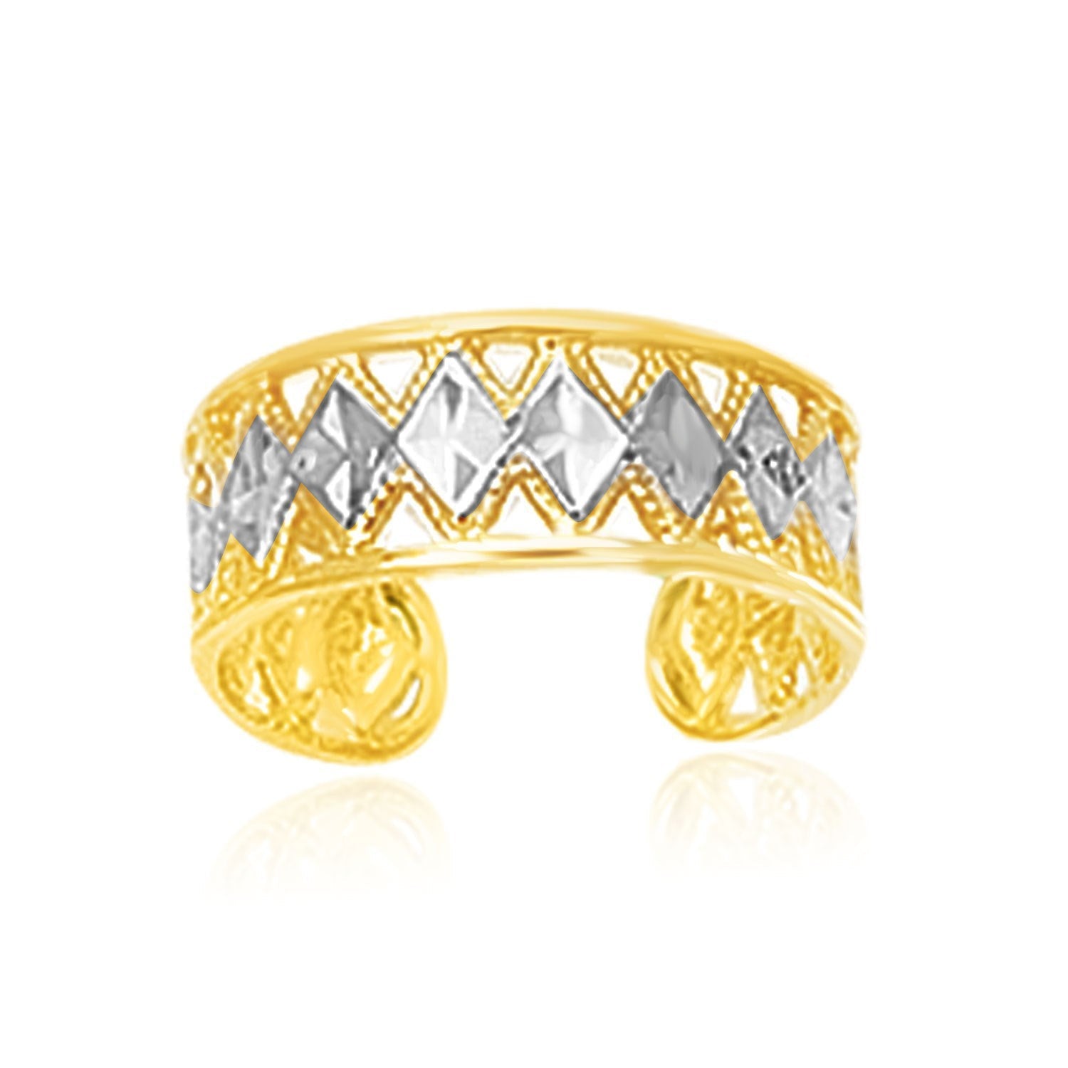 Anillo de pie tipo brazalete de oro bicolor de 14k con diseño de diamante troquelado