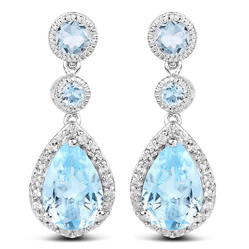 Pendientes de plata de ley .925 con topacio azul auténtico de 9,46 quilates y topacio blanco