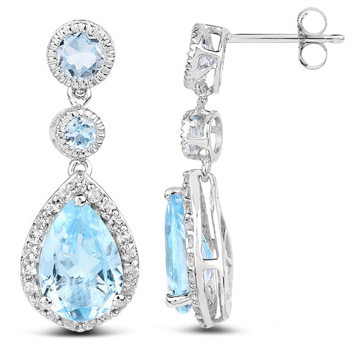 Pendientes de plata de ley .925 con topacio azul auténtico de 9,46 quilates y topacio blanco