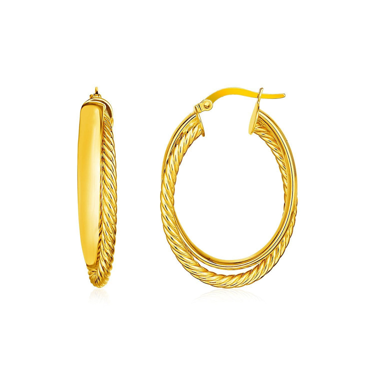 Pendientes de aro ovalados retorcidos con textura de dos partes en oro amarillo de 14 quilates