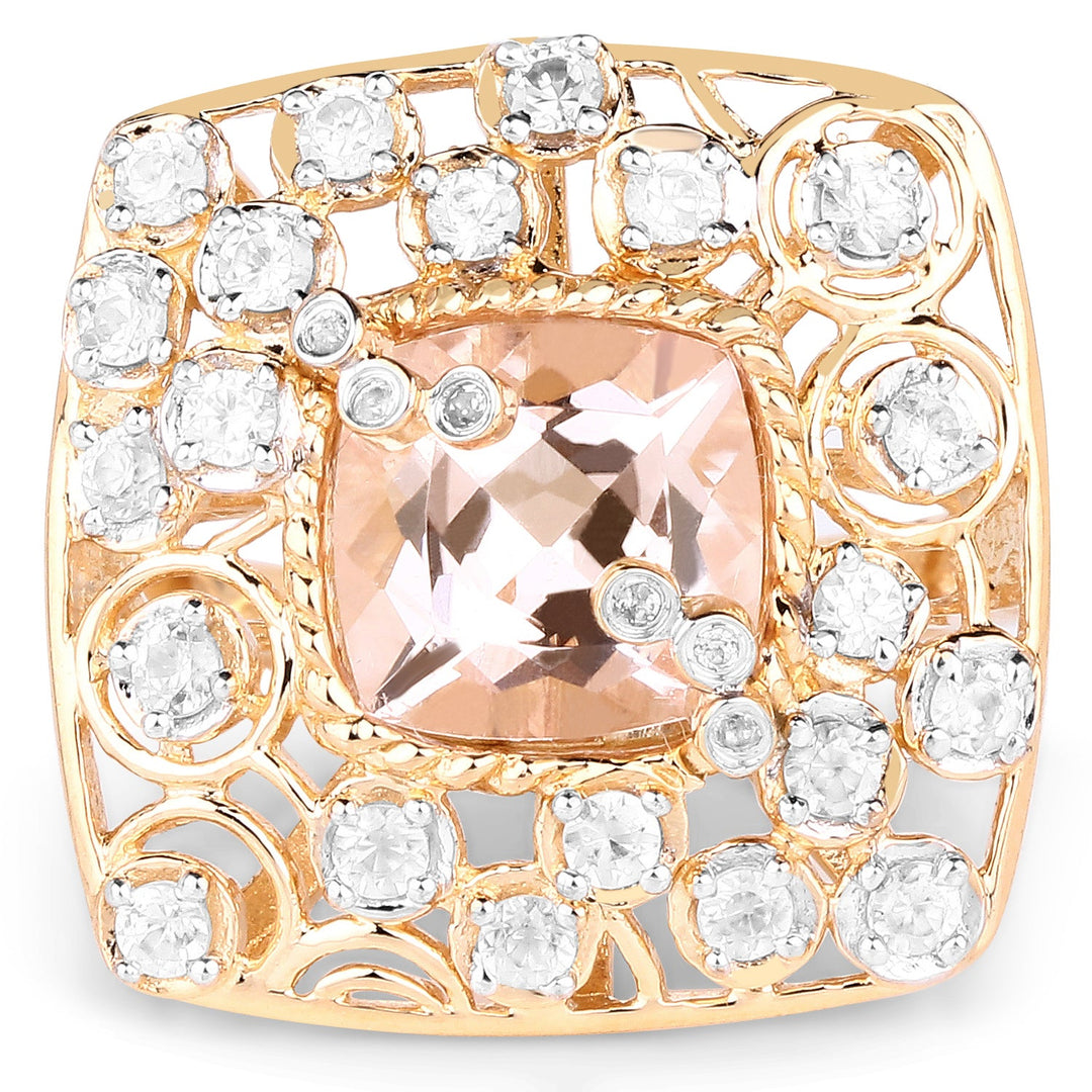 Anillo de plata de ley .925 chapado en oro amarillo de 14 quilates con morganita sintética de 3,33 quilates y topacio blanco