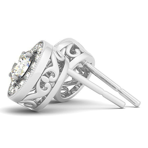 Pendientes de halo con borde milgrain de oro blanco de 14k con diamantes redondos (3/4 quilates en total)