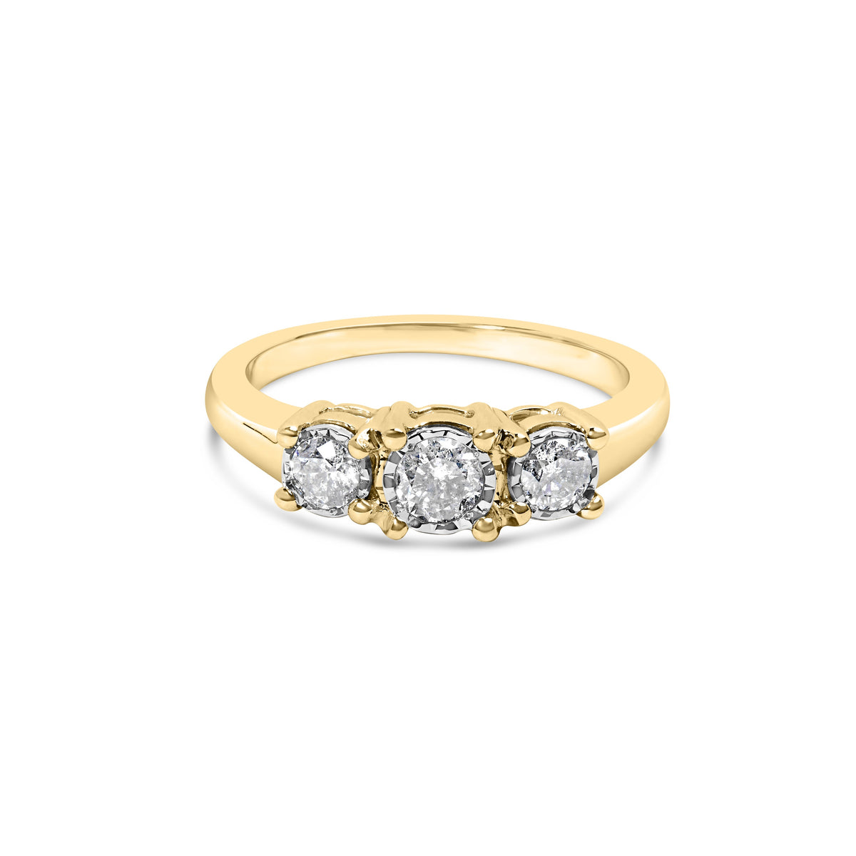 Anillo de Oro Amarillo de 10K con 1/2 Cttw de Diamantes Redondos Engaste Ilusión Tres Piedras en Montura Milagrosa (Color I-J, Claridad I2-I3) - Talla 7